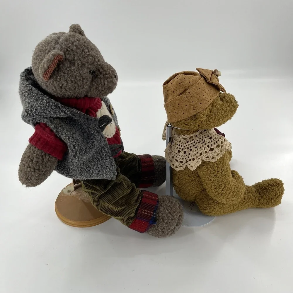 2 Vintage Russ Berrie Jointed Plush Boy Girl‎ Bears Cords Lace Pair Stands 14